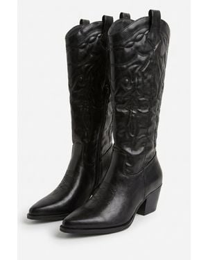 Rebellious Fashion Pu Embroidered Western Knee High Cowboy Boots - Black