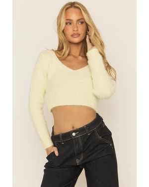 Rebellious Fashion Fluffy Knit V Neck Jumper - Natural