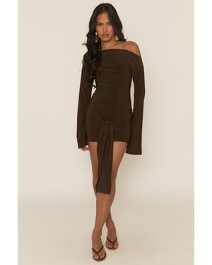 Rebellious Fashion Long Flared Sleeves Drape Detail Bodycon Mini Dress - Natural