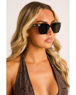 Rebellious Fashion Logo Detail Oversized Square Sunglasses - Brown