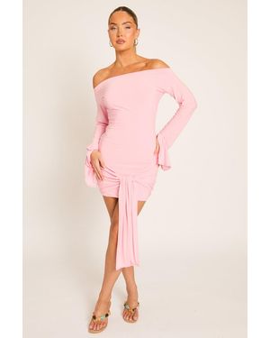 Rebellious Fashion Long Flared Sleeves Drape Detail Bodycon Mini Dress - Pink