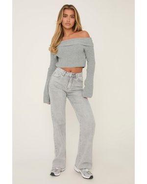 Rebellious Fashion Light Stretch Straight Leg Frayed Hem Jeans - Grey