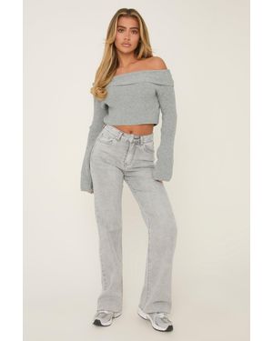Rebellious Fashion Light Stretch Straight Leg Frayed Hem Jeans - Grey