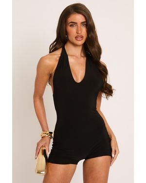 Rebellious Fashion Plunge Halterneck Playsuit - Black