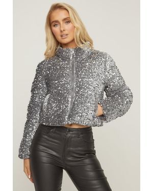 Rebellious Fashion Sequin Cropped Puffer Jacket - Grey