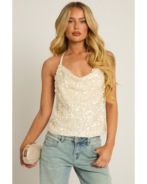 Rebellious Fashion Sequin Cowl Halterneck Top - Natural