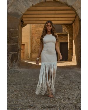 Rebellious Fashion Textured Tassel Hem Maxi Dress - Natural