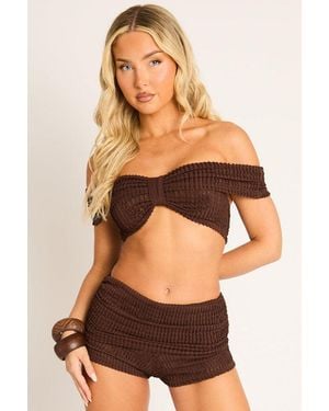 Rebellious Fashion Textured Bardot Crop Top And Fold Over Shorts Co-Ord Set - Brown