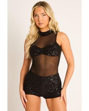 Rebellious Fashion Sequin Mesh High Neck Bodysuit And Shorts Co-Ord Set - Black