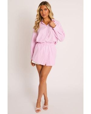 Rebellious Fashion Stripe Button Up Shirt And Shorts Co-Ord Set - Pink