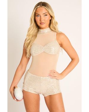 Rebellious Fashion Sequin Mesh High Neck Bodysuit And Shorts Co-Ord Set - Natural