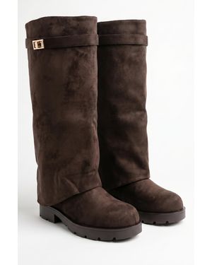 Rebellious Fashion Faux Suede Trim Detail Layered Chunky Knee High Biker Boots - Black