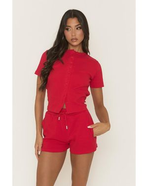 Rebellious Fashion Rib Button Front Top And Short Loungewear Co-Ord Set - Red