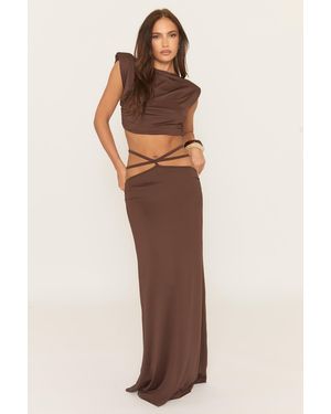 Rebellious Fashion Shoulder Pad Crop Top And Maxi Skirt Co-Ord Set - Brown