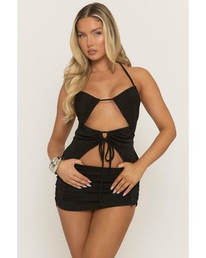 Rebellious Fashion Acetate Slinky Multi Tie Asymmetric Top And Mini Skirt Co-Ord Set - Brown