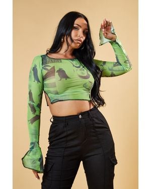 Rebellious Fashion Abstract Print Mesh Cropped Top - Green