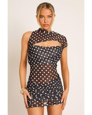 Rebellious Fashion One Shoulder Drape Mesh Mini Dress - Black