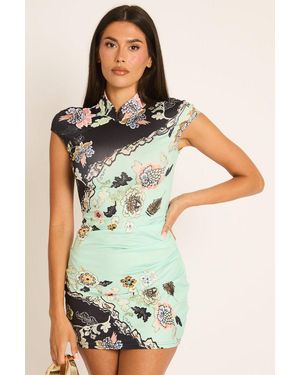 Rebellious Fashion Multi Floral High Neck Mini Dress - Green