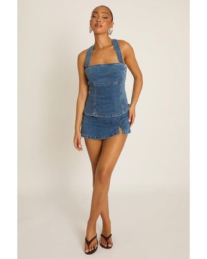 Rebellious Fashion Mid Split Front Denim Skort - Blue