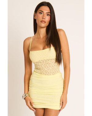 Rebellious Fashion Lace Ruched Drape Mini Dress - Yellow