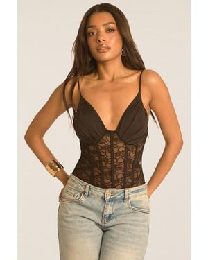 Rebellious Fashion Lace Corset Detail Bodysuit - Black