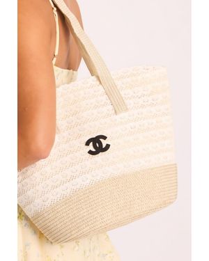 Rebellious Fashion Logo Detail Woven Tote Bag - Natural