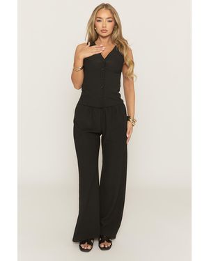 Rebellious Fashion Crinkle Waistcoat And Wide Leg Trouser Co-Ord Set - Black