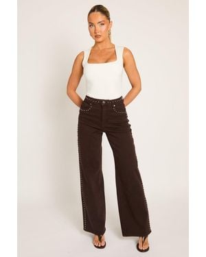 Rebellious Fashion Chocolate Studded Wide Leg Denim Jeans - Natural