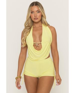 Rebellious Fashion Starfish Trim Top And Ruched Short Co-Ord Set - Yellow