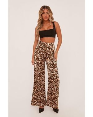 Rebellious Fashion Satin Leopard Print Wide Leg Trousers - Natural