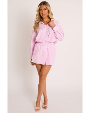 Rebellious Fashion Stripe Button Up Shirt And Shorts Co-Ord Set - Pink