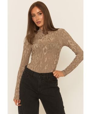 Rebellious Fashion Taupe Leopard Print High Neck Bodysuit - Multicolour