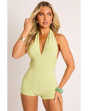 Rebellious Fashion Halter Neck Plunge Tie Back Playsuit - Yellow
