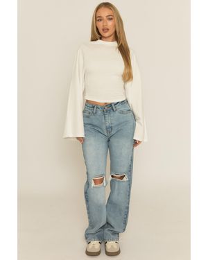Rebellious Fashion Mid Wash Denim Distressed Knee Extra Long Jeans - Blue