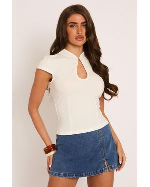 Rebellious Fashion High Neck Keyhole Cap Sleeve Top - Blue