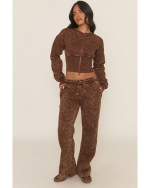 Rebellious Fashion Acid Wash Cinched Waist Jacket And Joggers Loungewear Co-Ord Set - Natural
