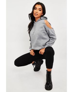 Rebellious Fashion Cut Out Shoulder Hoodie - Grey