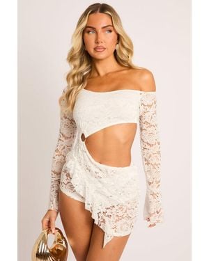 Rebellious Fashion Lace One Shoulder Ruffle Cut Out Mini Dress - Natural