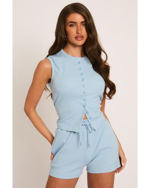 Rebellious Fashion Sleeveless Button Front Rib Top And Short Loungewear Co-Ord Set - Blue