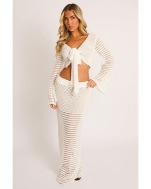 Rebellious Fashion Crochet Wrap Top And Maxi Skirt Co-Ord Set - Natural