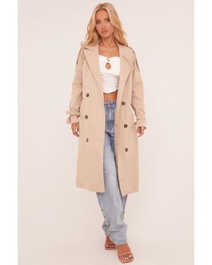 Rebellious Fashion Longline Belt Detail Button Front Trench Coat - Natural