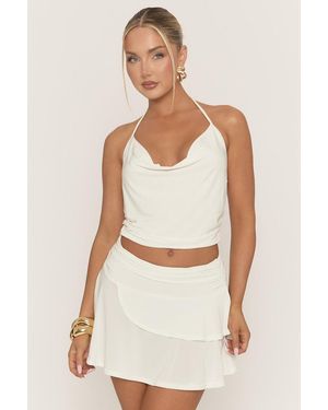 Rebellious Fashion Cowl Halter Top And Frill Mini Skirt Co-Ord Set - Natural