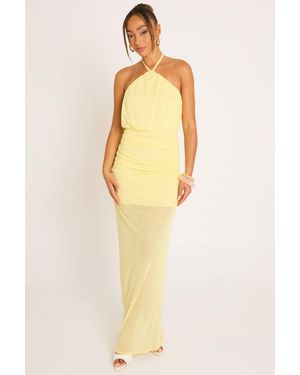 Rebellious Fashion Mesh Overlay Ruched Halterneck Maxi Dress - Yellow