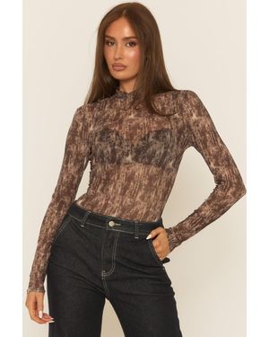 Rebellious Fashion Abstract Print Mesh Bodysuit - Brown