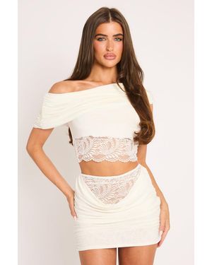 Rebellious Fashion Lace Insert Bardot Co-Ord Set - White