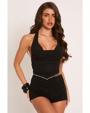 Rebellious Fashion Stud Detail Cowl Top - Black