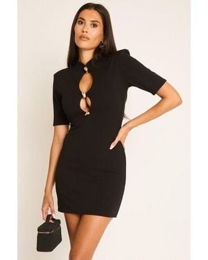Rebellious Fashion Shoulder Pad Trim Detail Mini Dress - Black