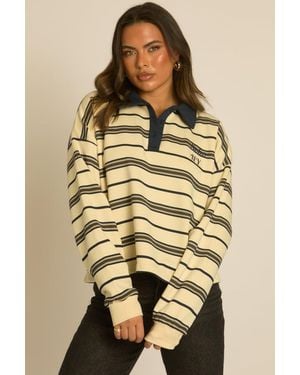 Rebellious Fashion Stripe Long Sleeve Rugby Top - Natural