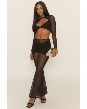 Rebellious Fashion Cut Out Crop Top And Mesh Trouser Co-Ord Set - Natural