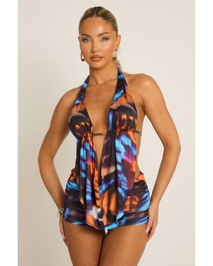 Rebellious Fashion Multi Abstract Print Plunge Cowl Top & Micro Short Co-Ord Set - Blue